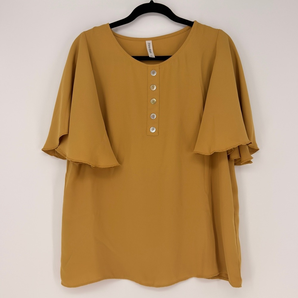 Zenana Premium Blouse Womens Large Mustard Yellow Flutter Sleeve Henley‎ Flowy - Picture 2 of 8
